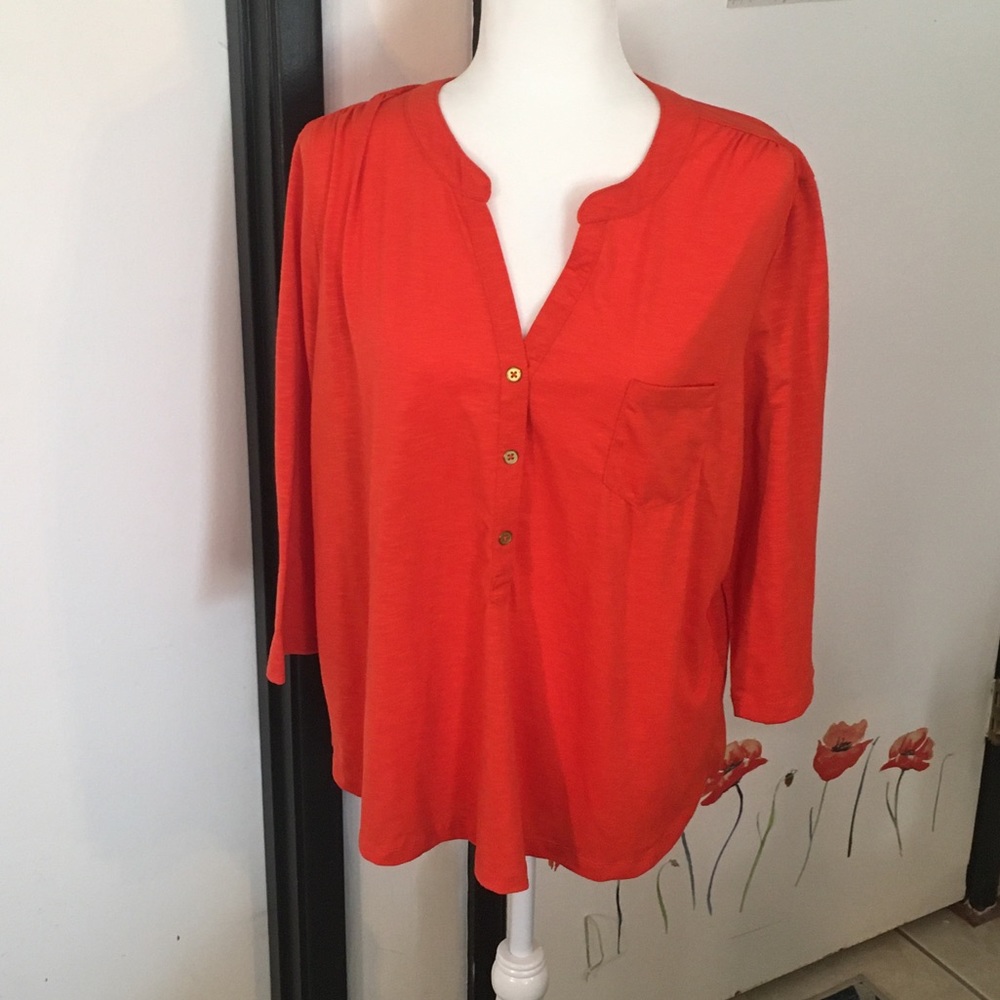 Vibrant orange 3/4 sleeve v-neck with pocket and decorative buttons shirt